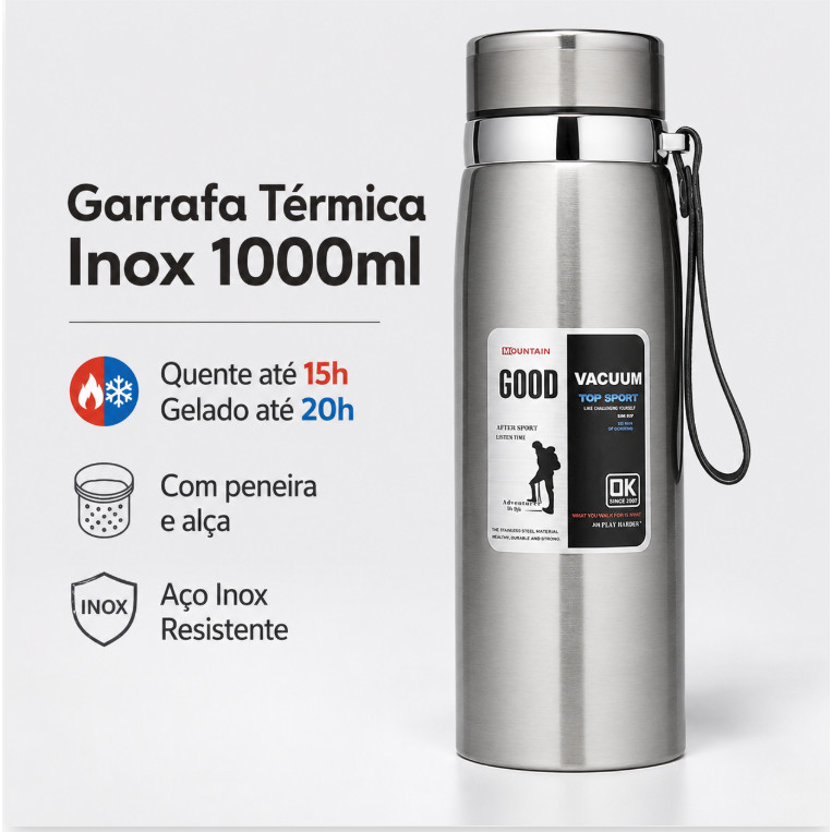Garrafa 1000ML Inox Térmica Com Infusor Prata De Água Café Parede Dupla Com Alça