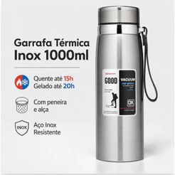 Garrafa 1000ML Inox Térmica Com Infusor Prata De Água Café Parede Dupla Com Alça
