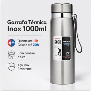 Garrafa 1000ML Inox Térmica Com Infusor Prata De Água Café Parede Dupla Com Alça
