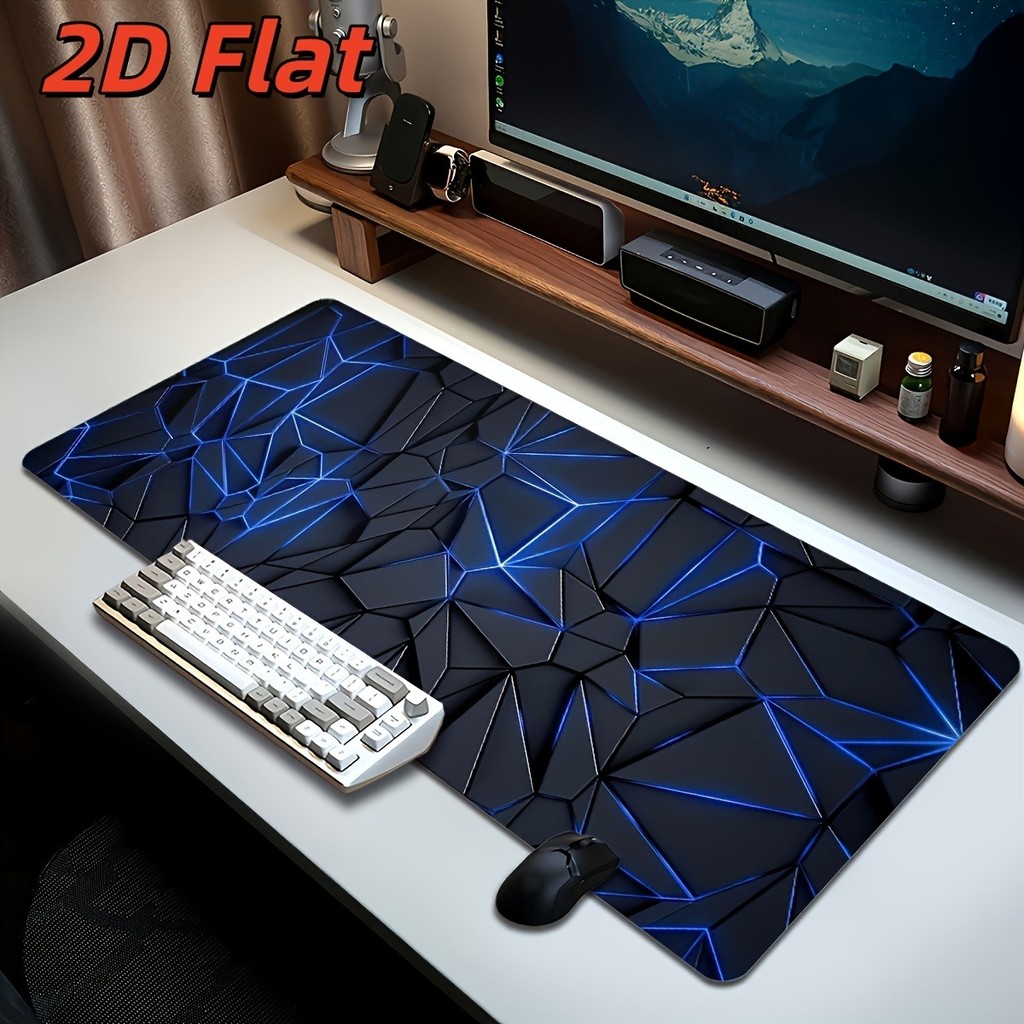 Tapete de Mesa Extra Grande Geométrico Triângulo 3D Azul Preto Tecnológico Tapete Gamer Antiderrapante 80x30cm