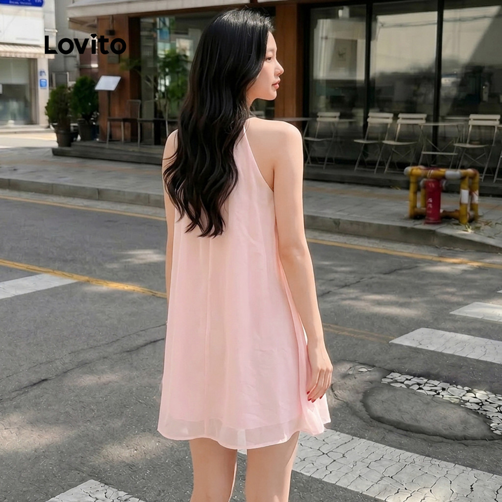 (Casual) Lovito Vestido Liso De Camada Dupla Com Gola Contrastante E Gravata Frontal Para Mulheres L109MD177