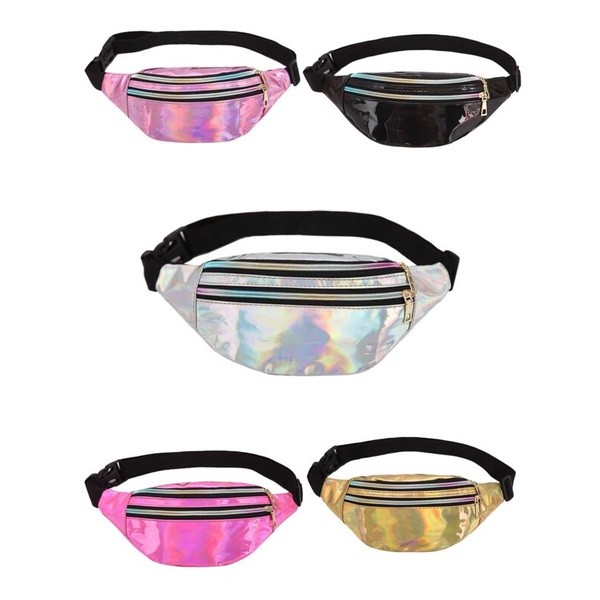 Pochete Brilhante Metalizada Holográfica Com 3 Zíperes Alça Regulável Bag Promo