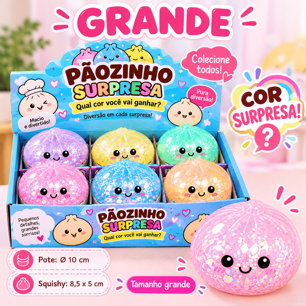 Pãozinho Squishy Grande Antiestresse Com Cestinho Brilha No Escuro Cores Aleatórias 8,5cm Brinquedo Sensorial Alívio