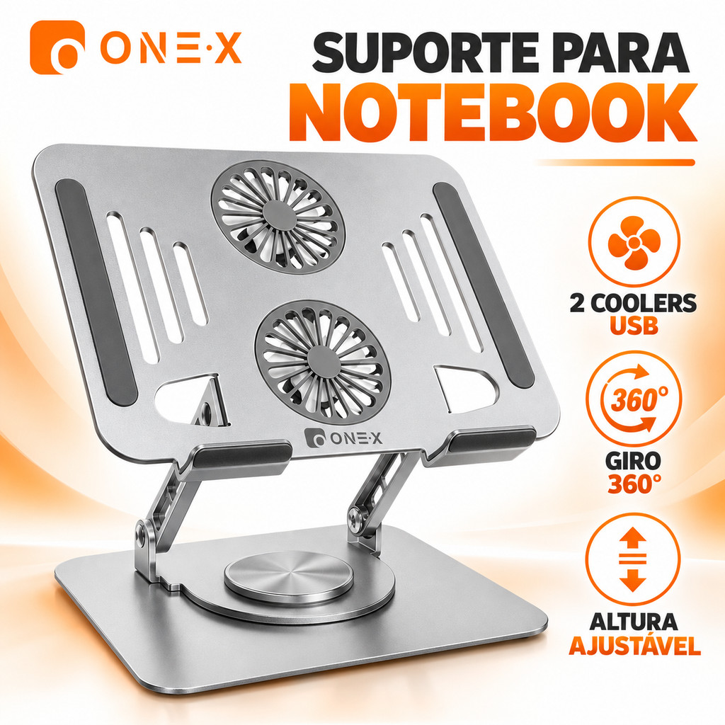 ONEX Suporte Para Notebook Com 2 Coolers USB, Base Refrigerada Ajustável Ergonômica Giratória 360° Em Aço Carbono