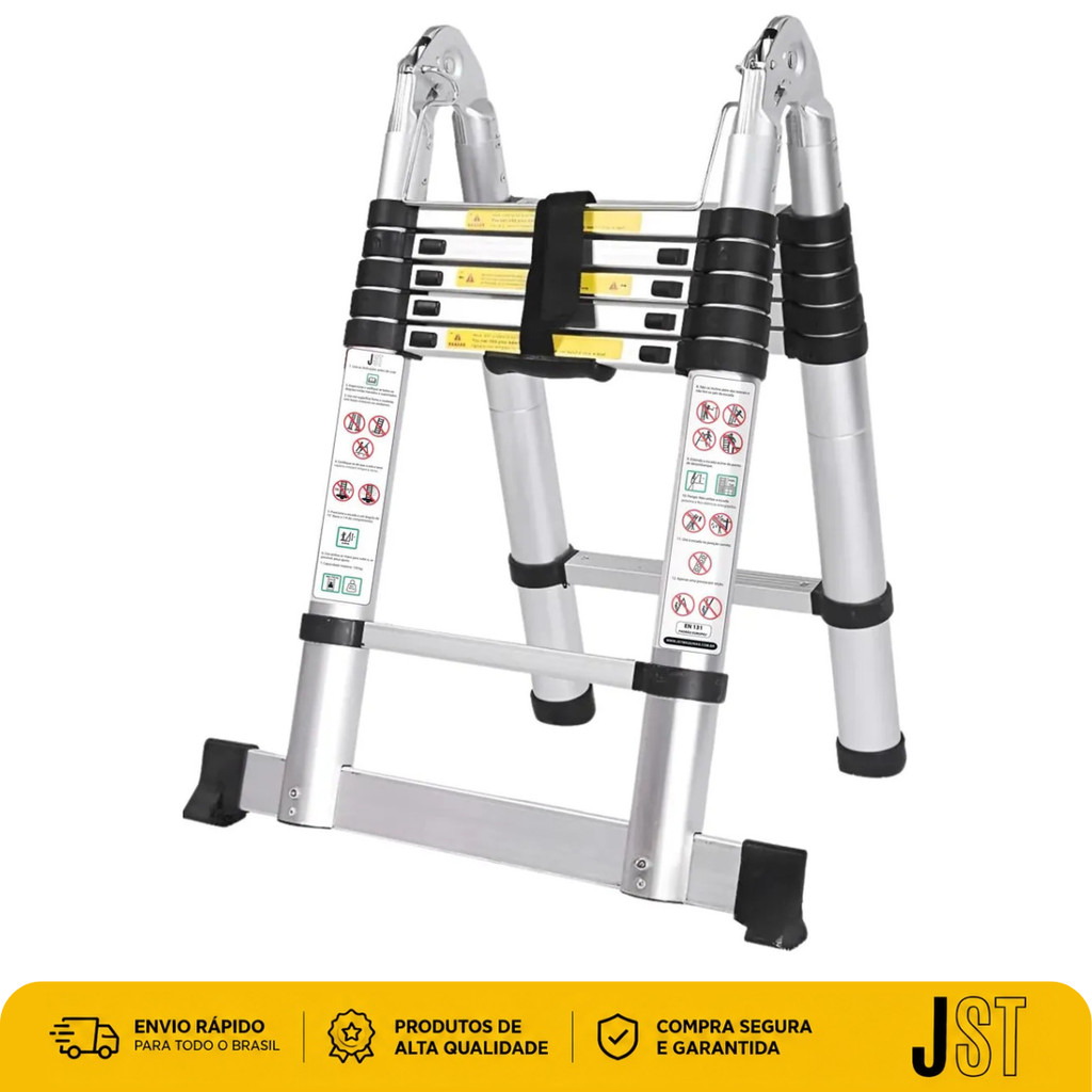 Escada Telescópica Dupla Inox JST ETI380D 3,8m 12 Degraus Dobrável Tipo A
