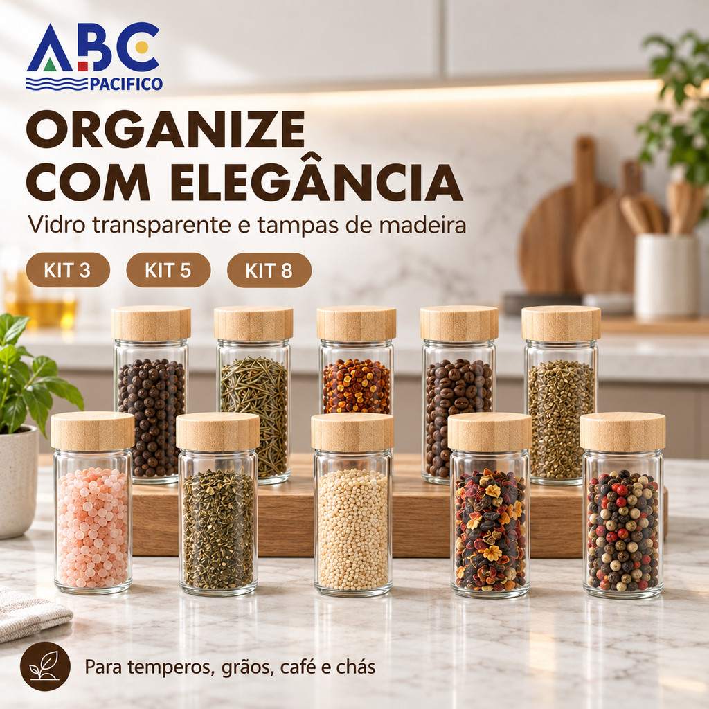 Kit 12 Potes de Vidro com Tampa de Bambu ABC PACIFICO — Porta-Temperos Hermético Organizador para Cozinha