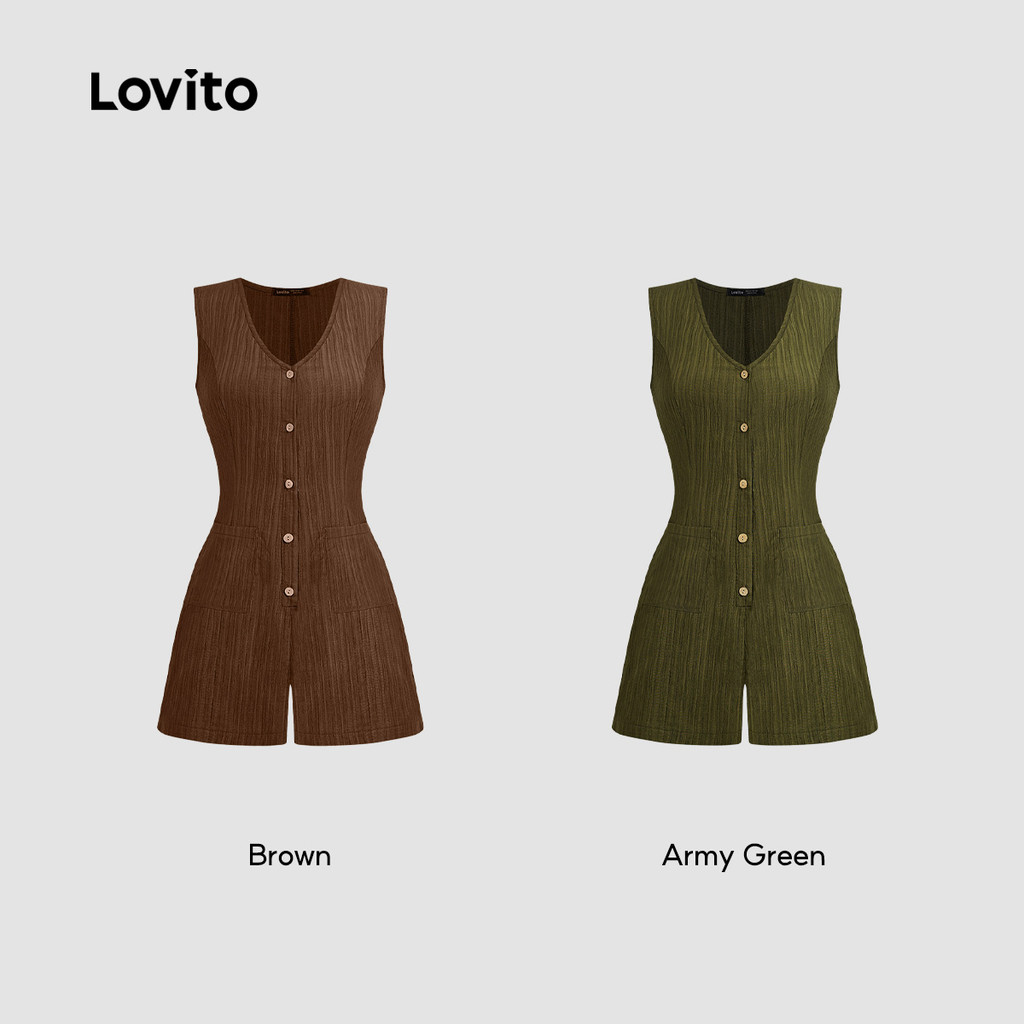 Lovito Casual Macacão Feminino Com Botões e Bolso Verde Militar Primavera/Verão L138AD884