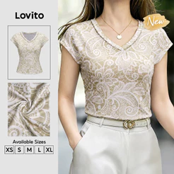 Lovito Blusa Feminina Caqui Geométrica Gola V Manga Curta Primavera Verão Traje de Trabalho BLK10P1D753