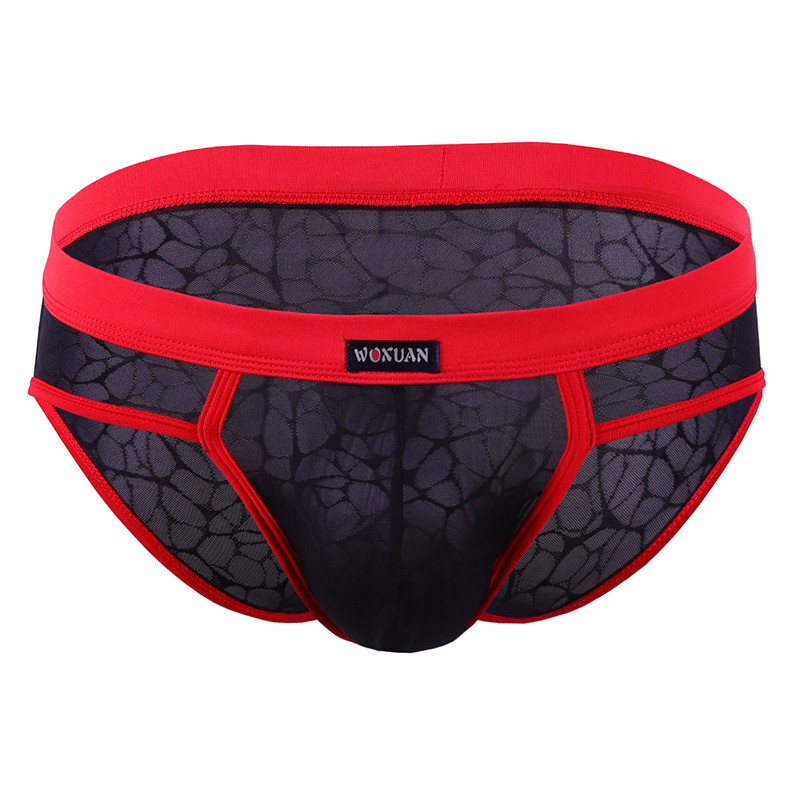 Cueca triangular masculina de renda e tela, macia e translúcida, com design de bolso em formato de U, detalhes em cores 