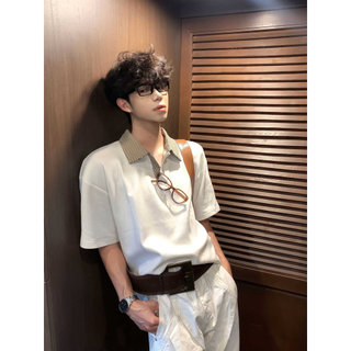 Camisa Polo masculina verão xadrez costura lapela manga curta estilo coreano adolescente solto moda na moda Casual topo