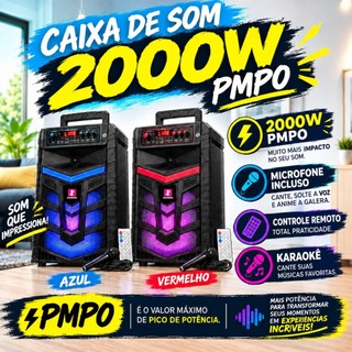 CAIXA DE SOM 2000W COM MICROFONE E CONTROLE REMOTO - FUNÇÕES KARAOKE E BLUETOOTH