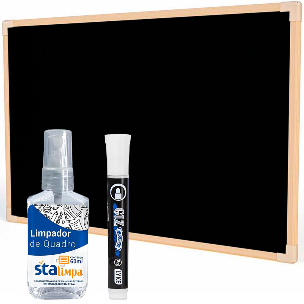 60x40 Lousa Quadro Negro Moldura Madeira Pinus Stalo + Giz Líquido E Limpador