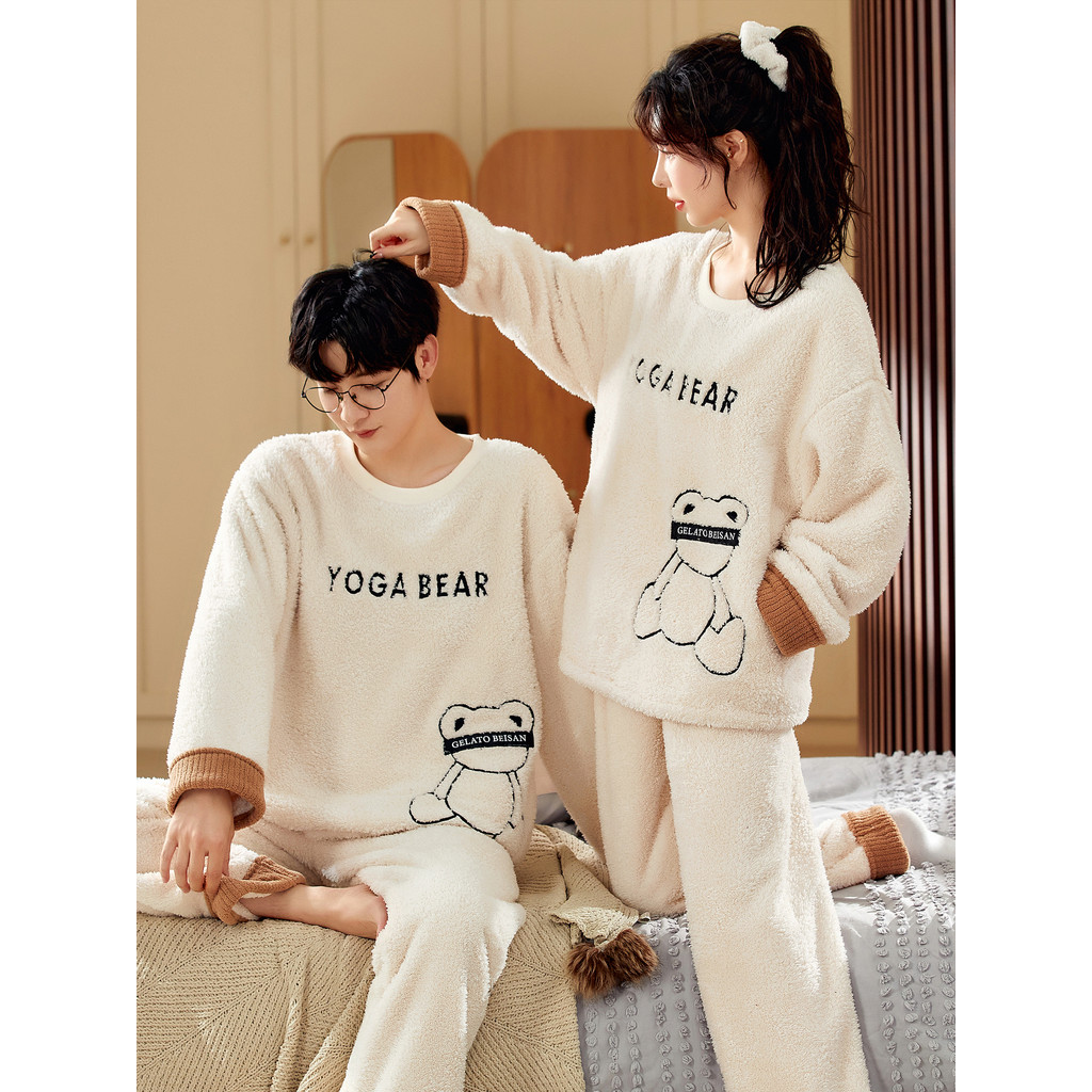 Novo estilo Coral velo casal pijamas conjunto outono inverno das mulheres dos homens pulôver engrossado flanela quente H