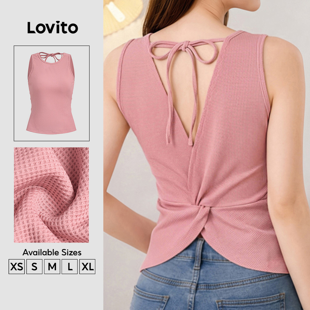 Lovito Top Feminino Casual Sem Mangas Gola Redonda Costas Nuas Nó Confortável E Estiloso Primavera/Verão Fim De Semana Cinza Rosa TKB202P2D447