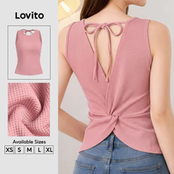 Lovito Top Feminino Casual Sem Mangas Gola Redonda Costas Nuas Nó Confortável E Estiloso Primavera/Verão Fim De Semana Cinza Rosa TKB202P2D447