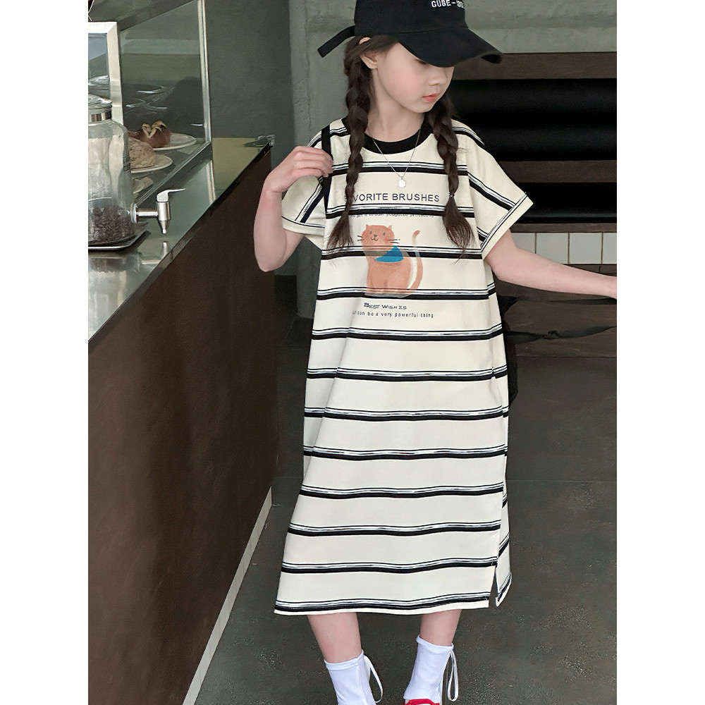 Meninas vestido de verão 2025 novo estilo grandes crianças versão coreana listrado manga curta camiseta vestido crianças