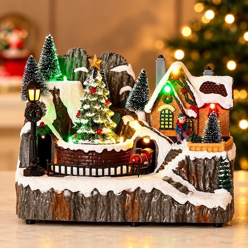 Cenário De Natal Com luzes Vila Natalina Com Trenzinho com Movimento e Árvore de Natal 23x15x18cm