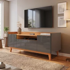 Rack para TV até 60 Polegadas MDF 158cm Pés em Madeira Maciça 4 Portas 1 Nicho Adria Versátile C Cinza Perola/Noce