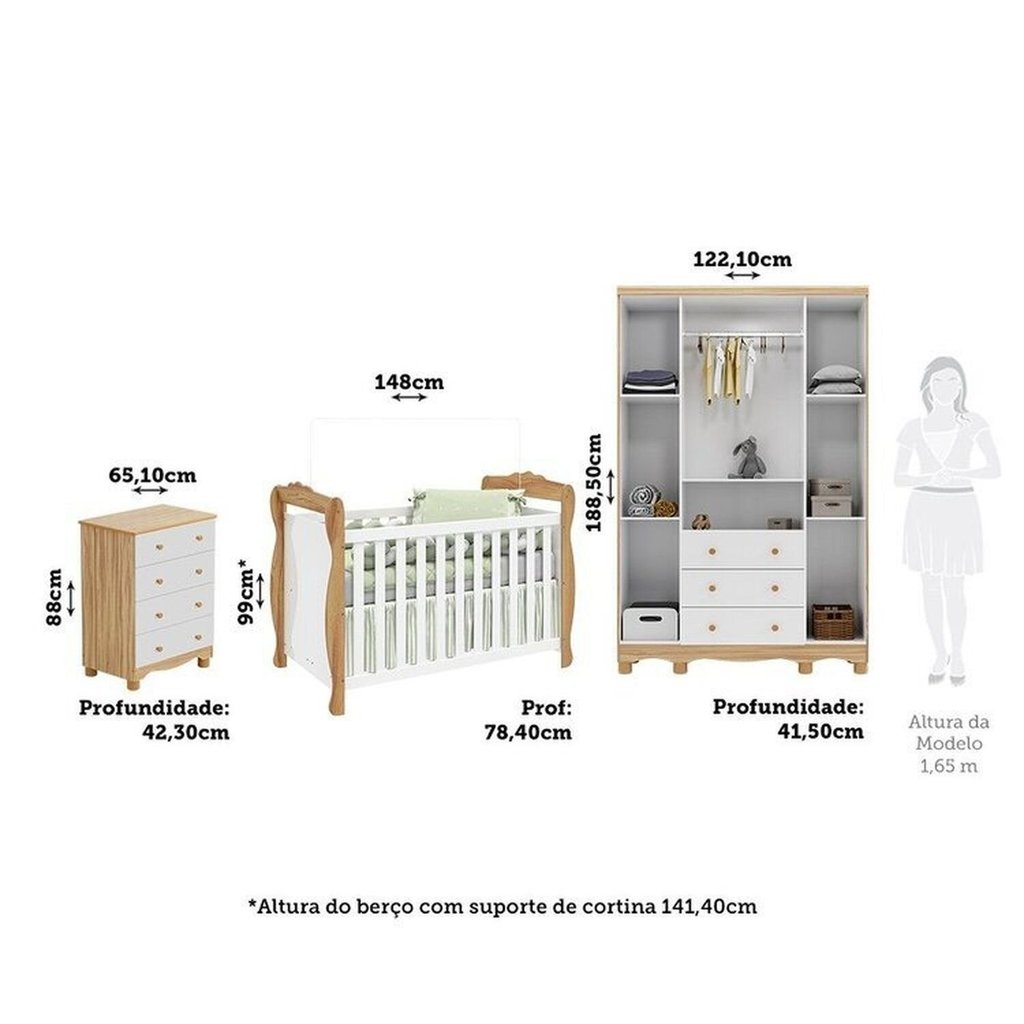 Quarto de Bebê Completo Berço 3 em 1, Guarda Roupa e Cômoda MDF Nina Espresso Móveis Branco/Amêndoa Branco — imagem 2 de 2
