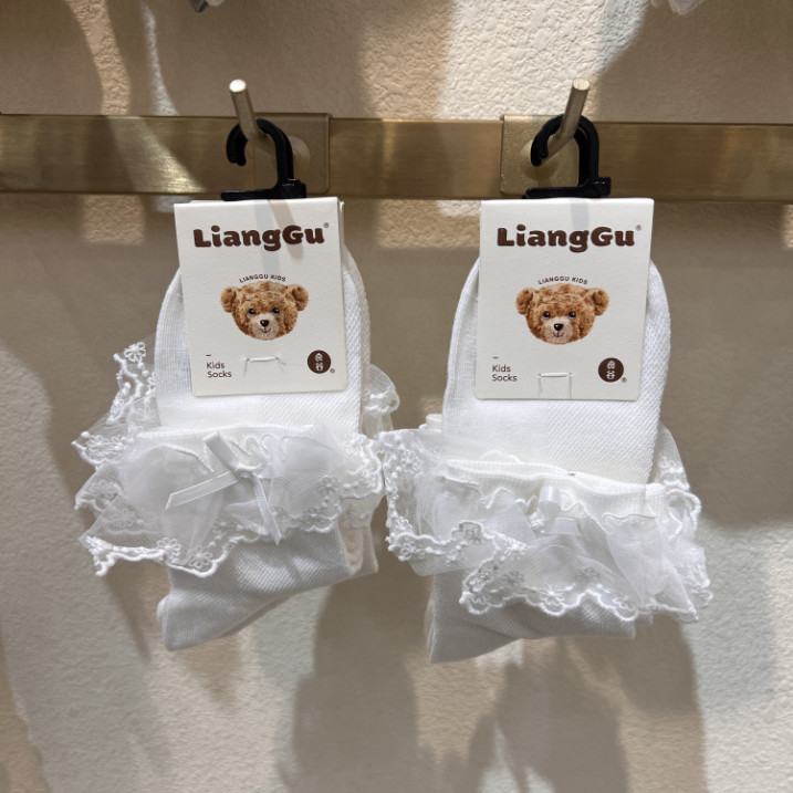 25 Lianggu Meias infantis femininas finas meia rede meias cano médio primavera algodão fino meias de renda branca arco p