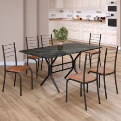 Conjunto Sala de Jantar Mesa Retangular 140x75cm Tampo Ardósia Indiana 6 Cadeiras Rio Preto/C. Marrom/Fosco
