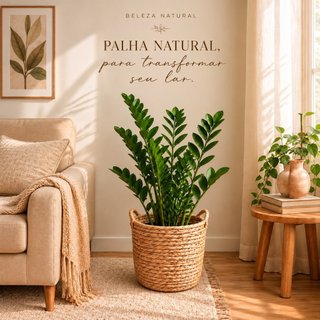 Cesto de Palha Natural com Forro Plástico Cachepô para Plantas com Alças Decorativo