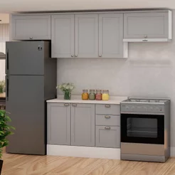Cozinha Modulada 4 Peças 1 Balcão com Tampo 2 Aéreos 100% MDF Cinza/Branco/Fendi Branco/Fendi