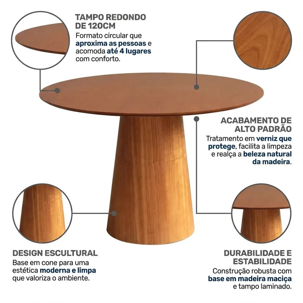 Mesa de Jantar Redonda Base Cone 4 Lugares Madeira Maciça Laminada Lyon Marrom/Amadeirado 120 · foto 2