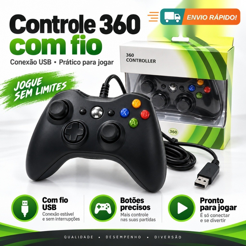 Controle Com Fio Para Video Game E PC — Joystick De Xbox 360 Fat, Jogo E Pc