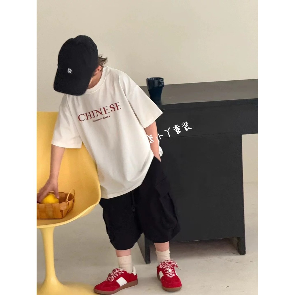 Médio grande criança Nezha camiseta gelo porcelana algodão manga curta versão coreana solto gelo meia manga adolescente 