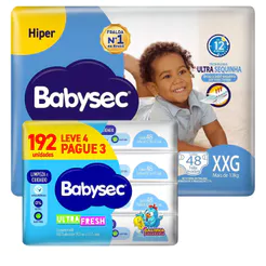 Kit Fralda Descartável Babysec Galinha Pintadinha XXG + Toalha Umedecida 192 Unidades