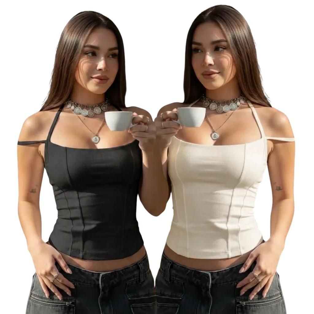 kit 02 Corset Feminino Frente Dupla com Toque de Poliamida Moda Gringa Regata Cropped Feminina