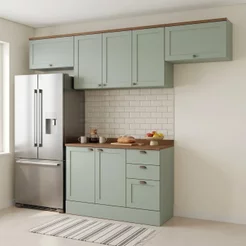 Cozinha Compacta Modulada 4 Peças 100% MDF 3 Armários Aéreos e Balcão com Tampo Iluminata Verde Mint Verde Mint