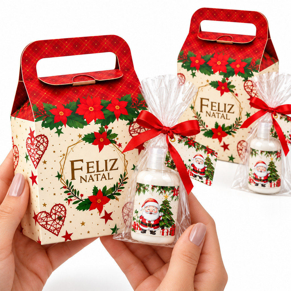 Kit 10 Lembrancinhas de Natal Sacolinhas com Hidratante Tag e Fita para Clientes