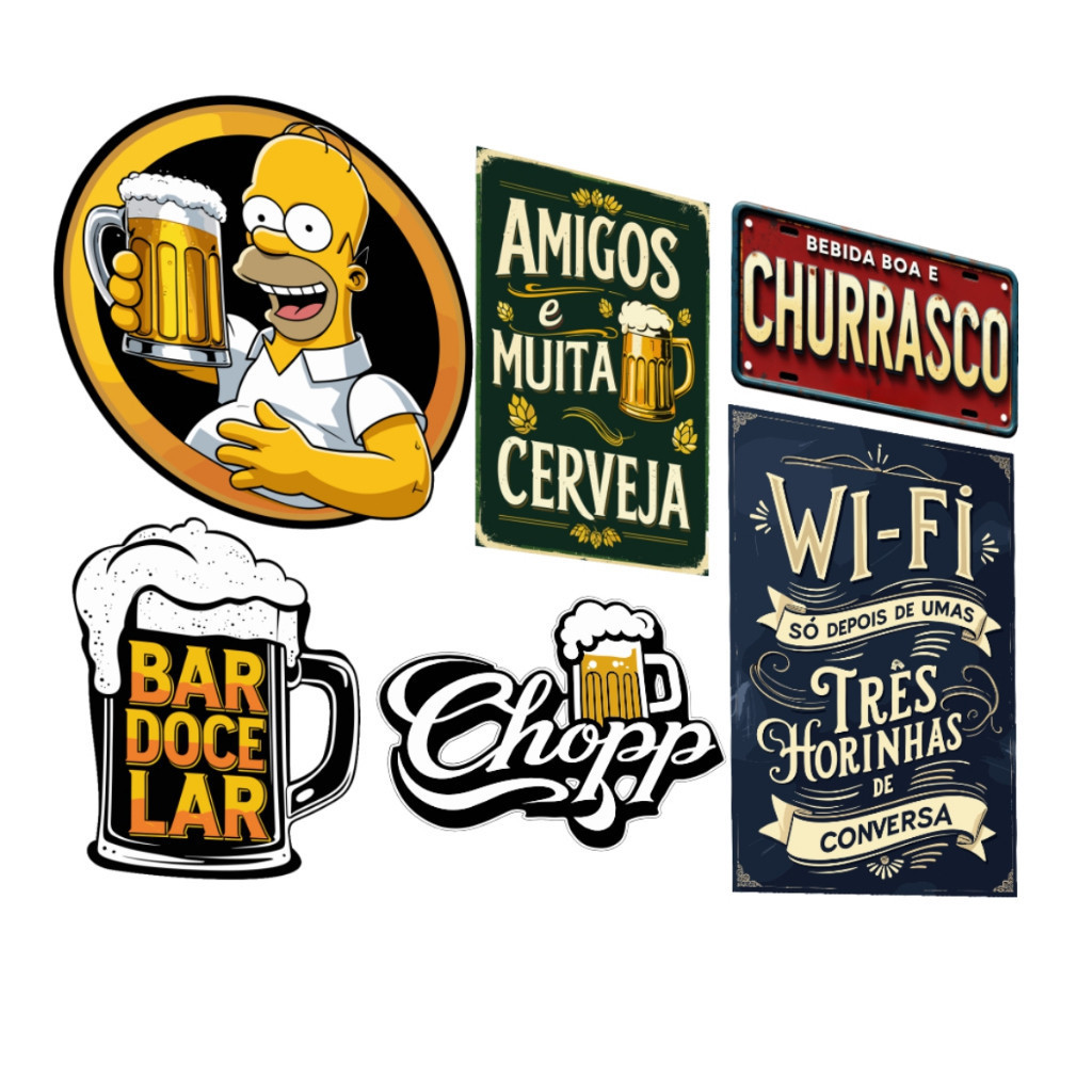 Placas Decorativas Área Gourmet Kit 6 MDF Churrasco Cerveja Bar Parede Vintage