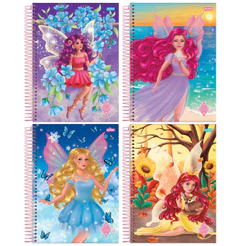 Kit Caderno Universitário 10 Matérias 160 Folhas Conto De Fadas Feminina -Pacote 4 unidades Sortidas
