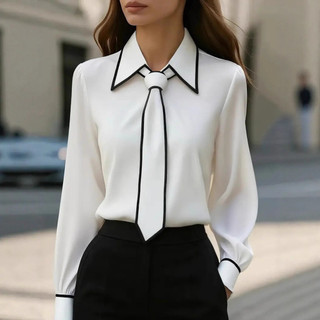 Blusa Feminina Moda Camisa Formal Gravata Borboleta Manga Longa Contrastante Guarnição Topos Fino-Ajuste Workwear Elegan