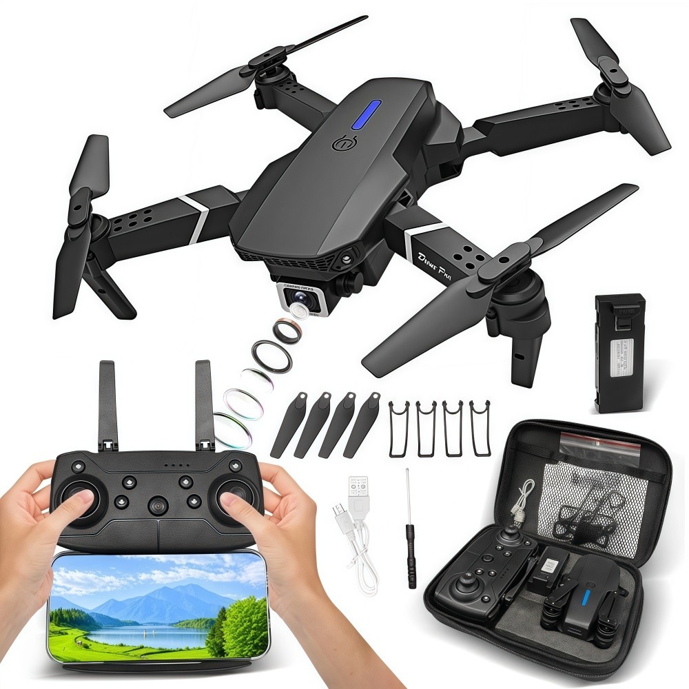 E88 Drone 4K-Drone dobrável com 4 eixos, Com 2 Bateria, Com Camera Dupla e WIfi + Case