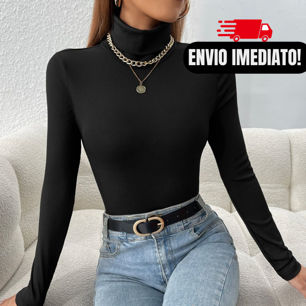 Cacharel Manga Longa Gola Alta Basico Frio Coladinho Blusa Justa Confortável 96% Viscose 4% Elastano