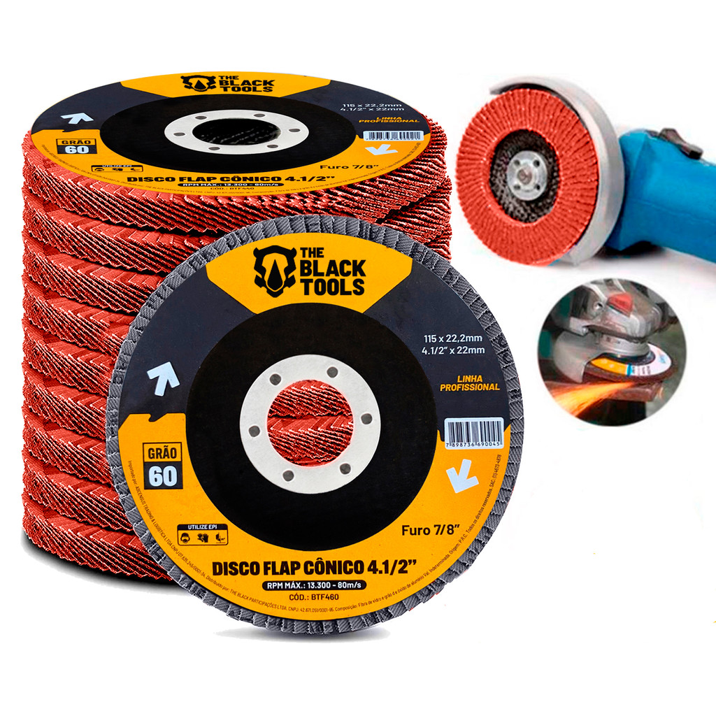Kit De Discos De Lixa Flap 4.1/2 Grão 60 The Black Tools Com 20 Unidades