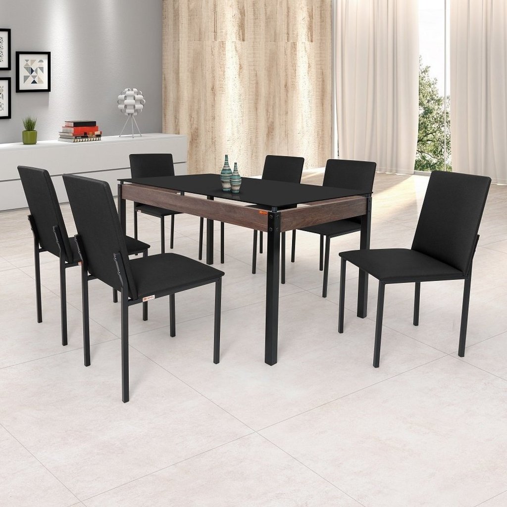 Conjunto Sala de Jantar Mesa Dubai 140x80cm Tampo Vidro com 6 Cadeiras  Preto