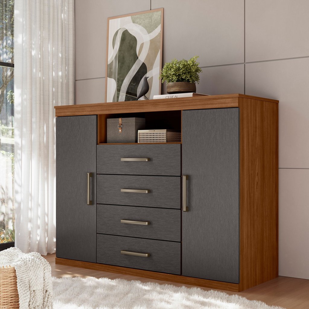 Cômoda para Quarto 2 Portas 4 Gavetas 1 Nicho Master Jatoba/Grafite em Oferta na Shopee