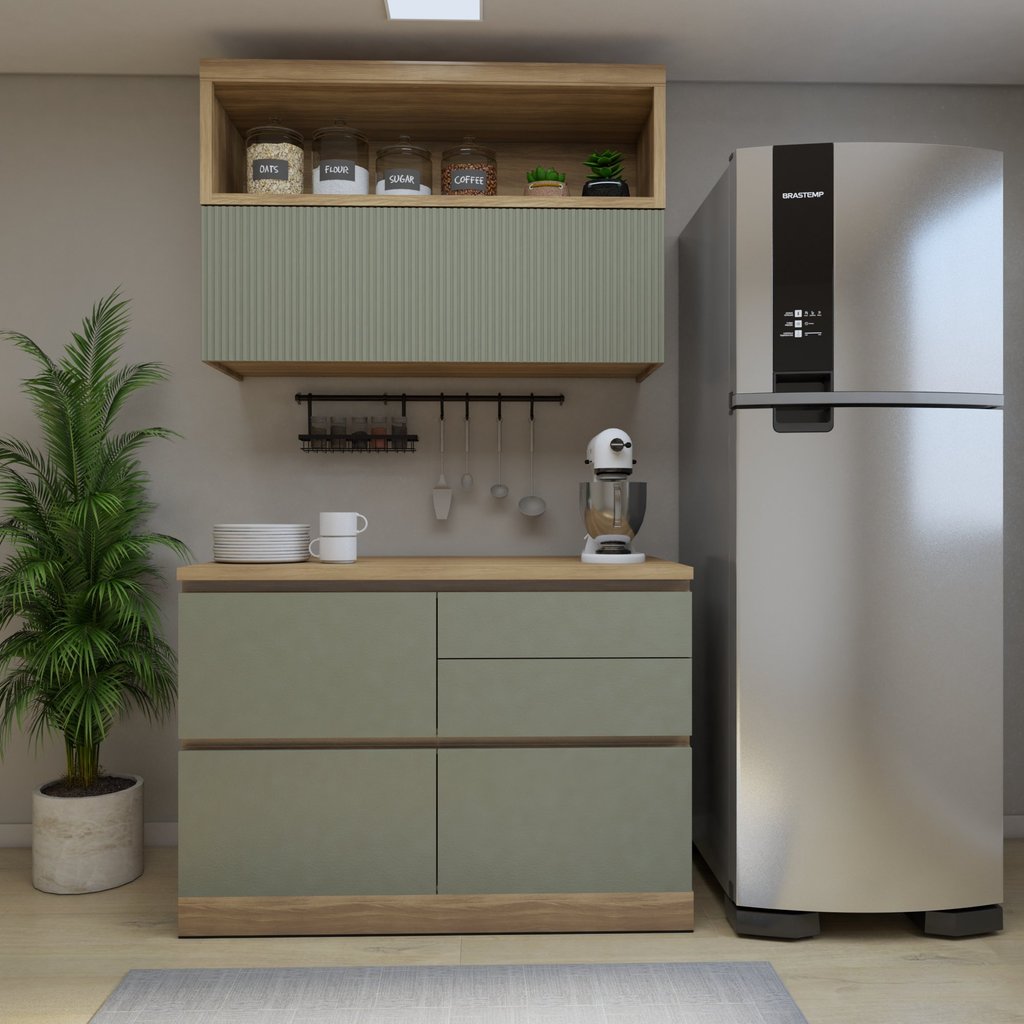 Cozinha Millena 2 Peças 120cm 100% Mdf Yescasa Verde/Nature em Oferta na Shopee