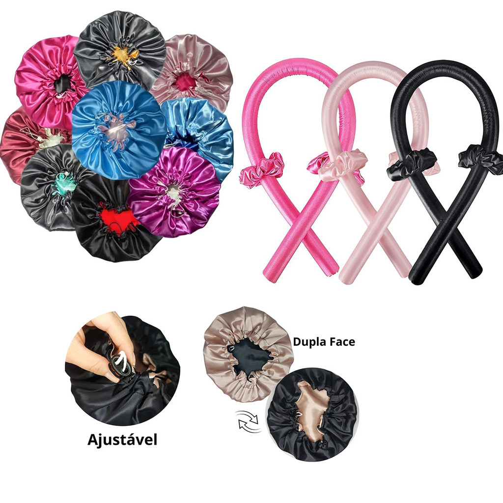 Kit Touca Dupla Face + Modelador de Cachos em Cetim Sem Calor com 2 Scrunchies – Proteção e Antifrizz
