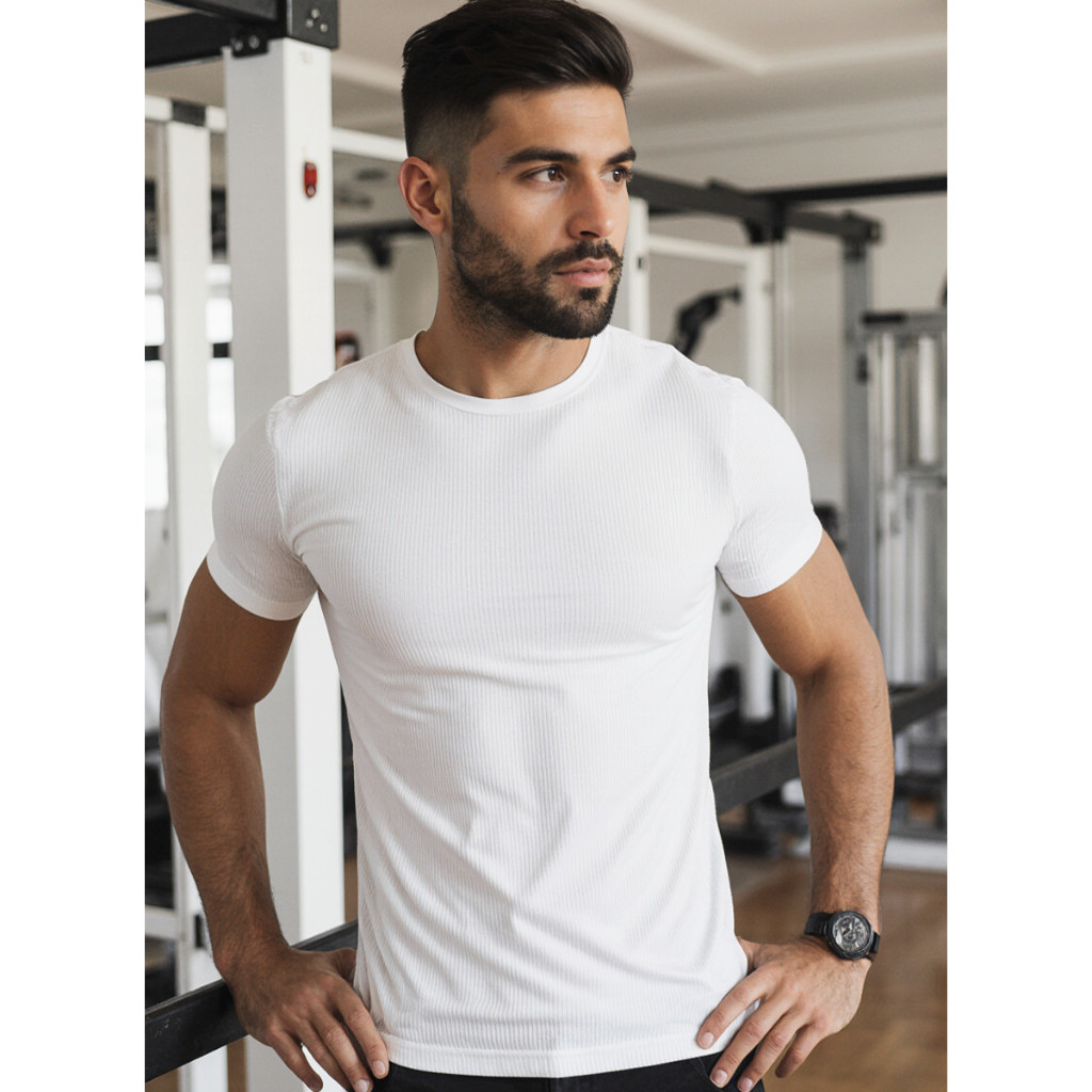 Camiseta Canelada Slim Justa ao Corpo Estilo Americana Academia gringa ribana branca dryfit premium