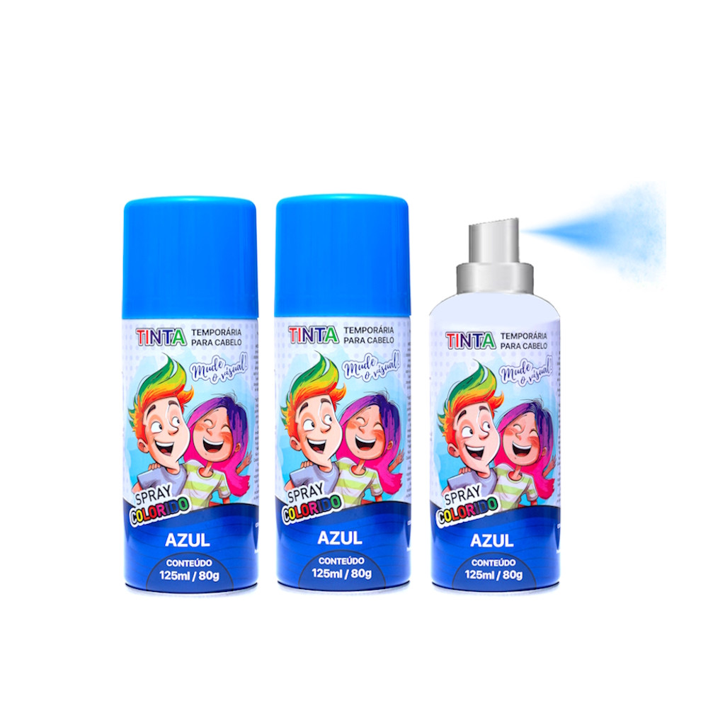 Kit 3 Spray de Cabelo Colorido Azul para Halloween Cabelo Maluco Carnaval