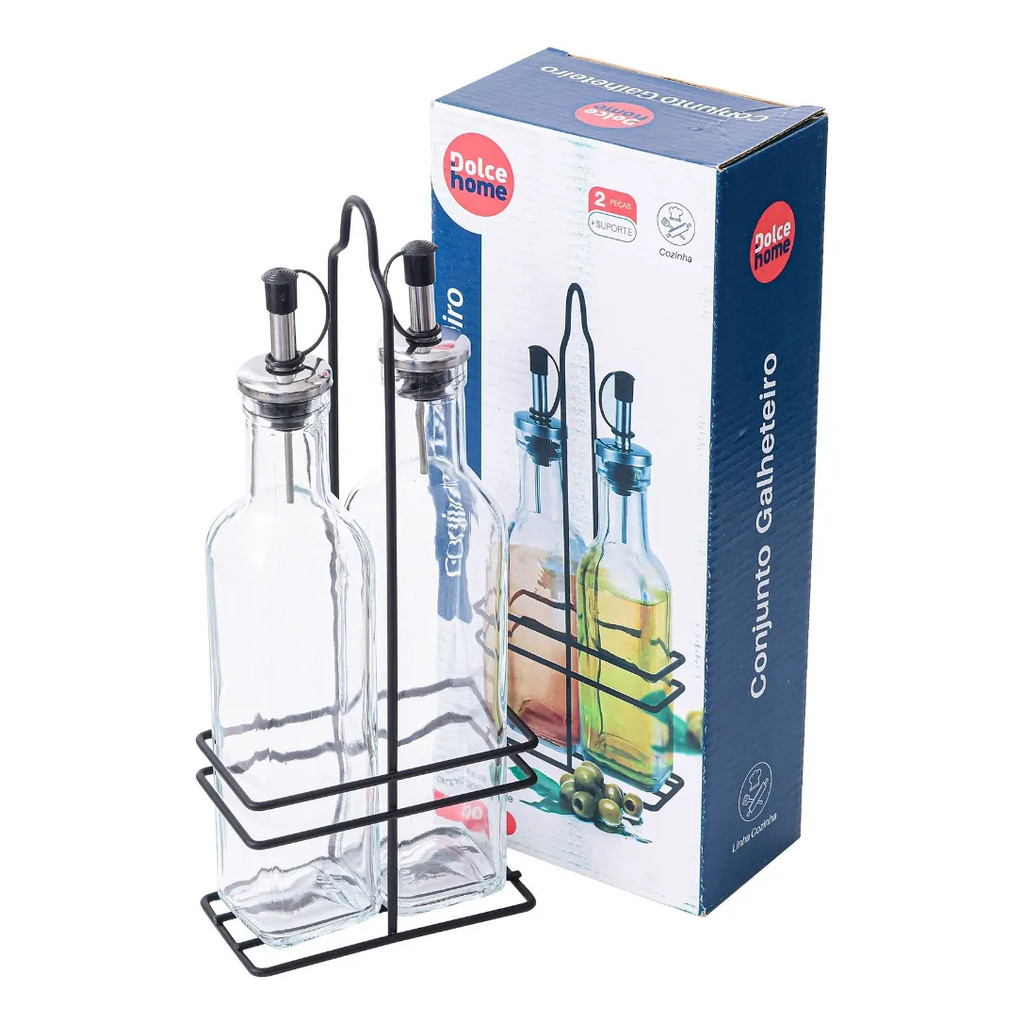 Galheteiro De Vidro E Inox Com 2 Peças Com Suporte 200ml Azeite- Dolce Home