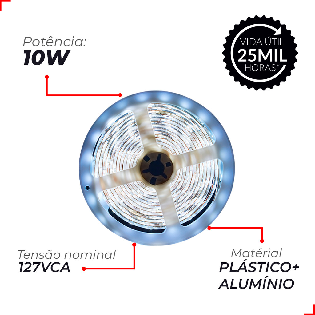 Fita Led Connect 5m 5w 10w ou 15w 2700k, 4000k ou 6500k Bivolt Tensão Direta a prova d'água Avant