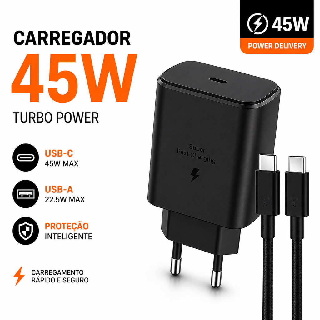Carregador 45W Original Turbo Tipo C Android Lg Asus Carregamento Rápido