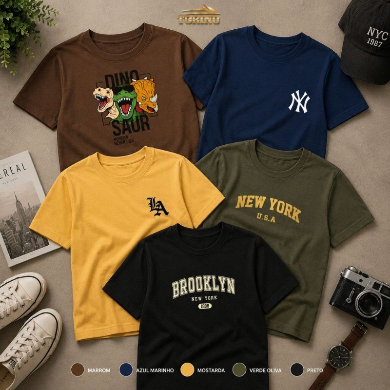 Kit 5 Camisetas Infantil Menino 100% Algodão Roupa Básica Confortável